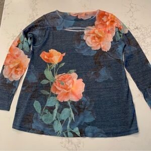 Soft Surroundings Blue Floral Top Large Split Neck 3/4 Sleeve Soft Lightweight